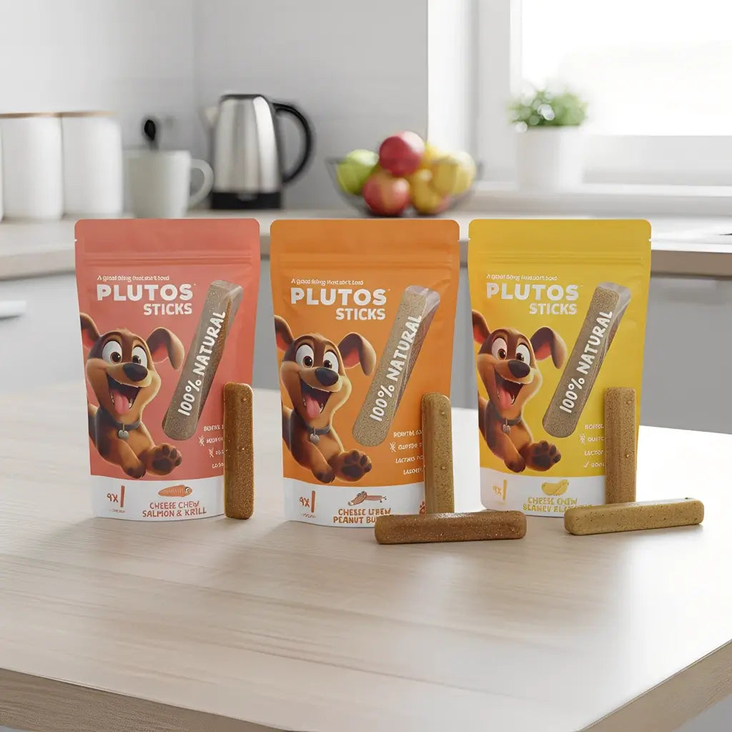 Gros plan sticks dentaires Plutos poulet chien — texture ferme anti-plaque